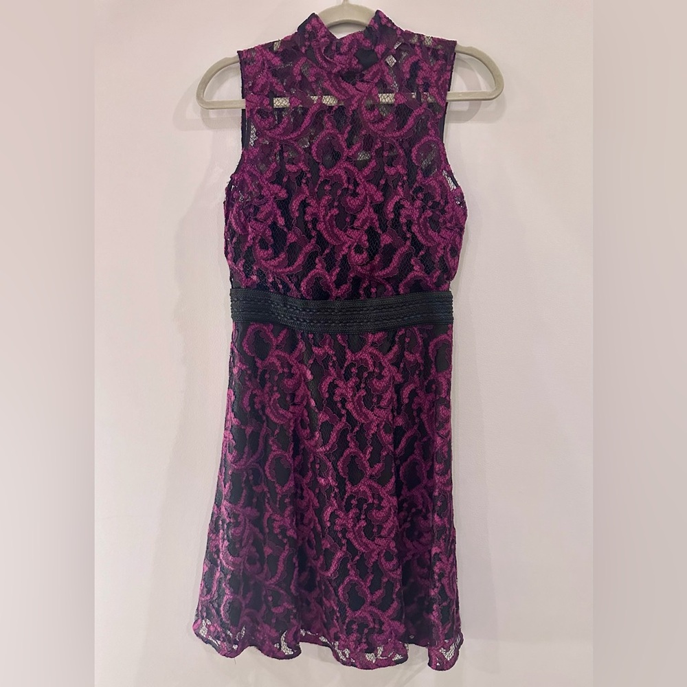 RACHEL Rachel Roy Fit and Flare Party Dress, Fuchsia Black Lace, Size 4
